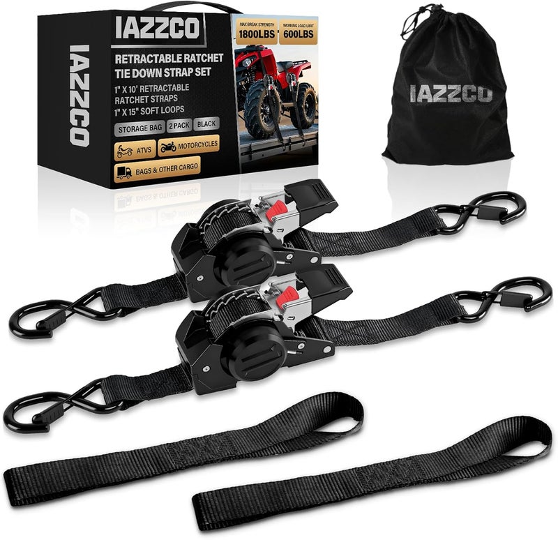 IAZZCO Retractable Ratchet Tie Down Straps - 1 Inch x 10 Feet (1800 LB Break Strength) Heavy Duty Self Retracting Ratchet Straps, for Trucks/ATV/Motorcycle/Cargo/Household（Black/2 Pack） - Image 1